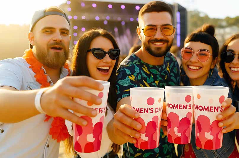 personalised plastic cups at a festival: friends raising printed conical cups