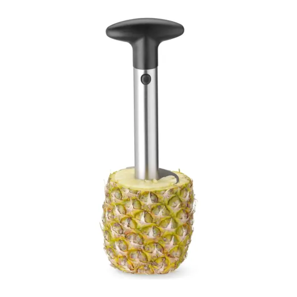 pineapple corer screwed into the fruit, with the shell around it