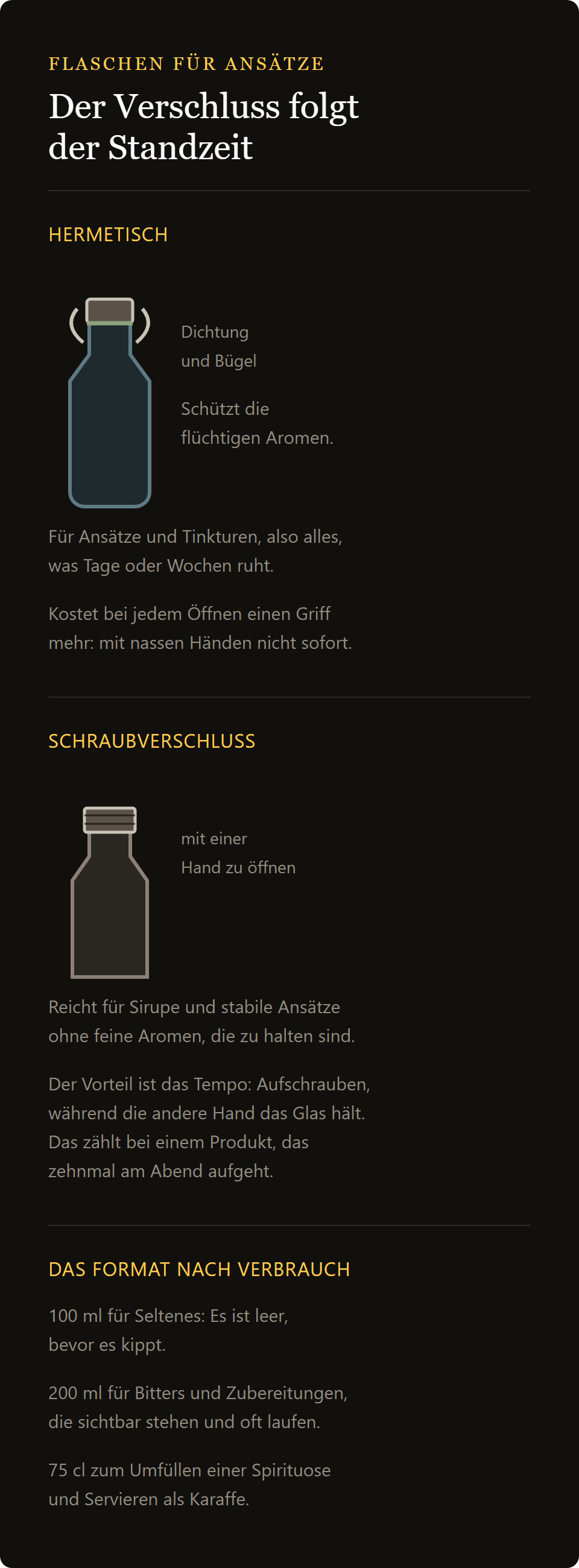 Vorratsflasche Yarai: Bügelverschluss und Schraubverschluss im Vergleich, und die drei Formate