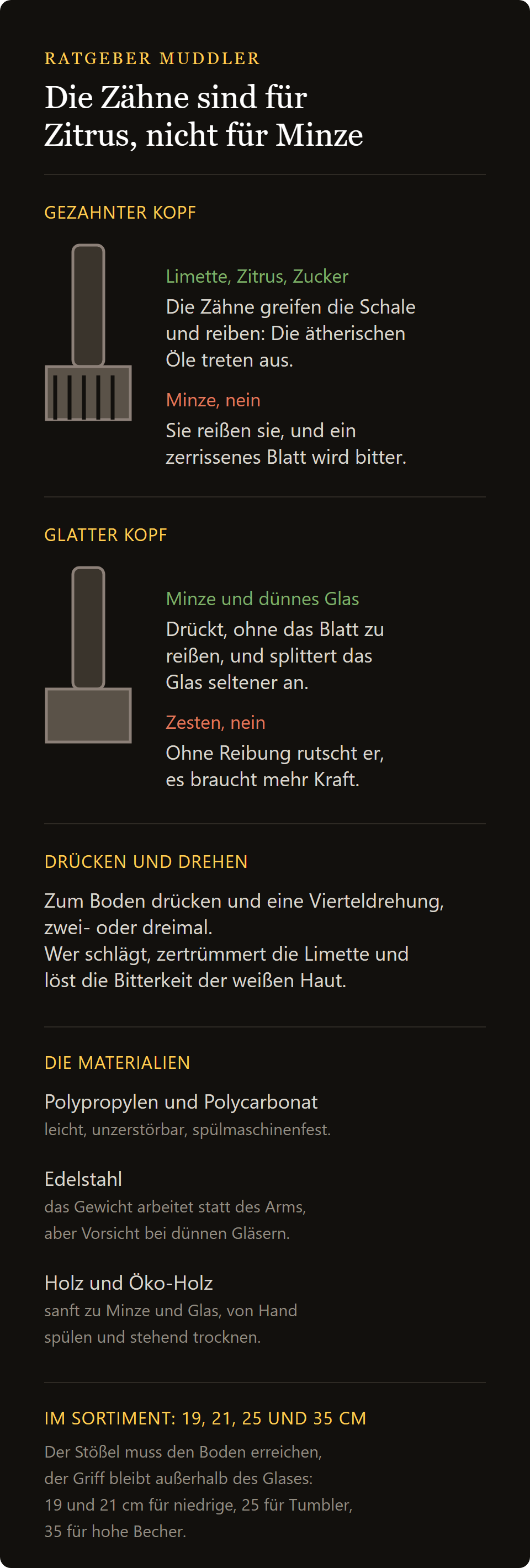 Muddler aus Polycarbonat: geriffelter gegen glatten Kopf, und die Materialien im Vergleich