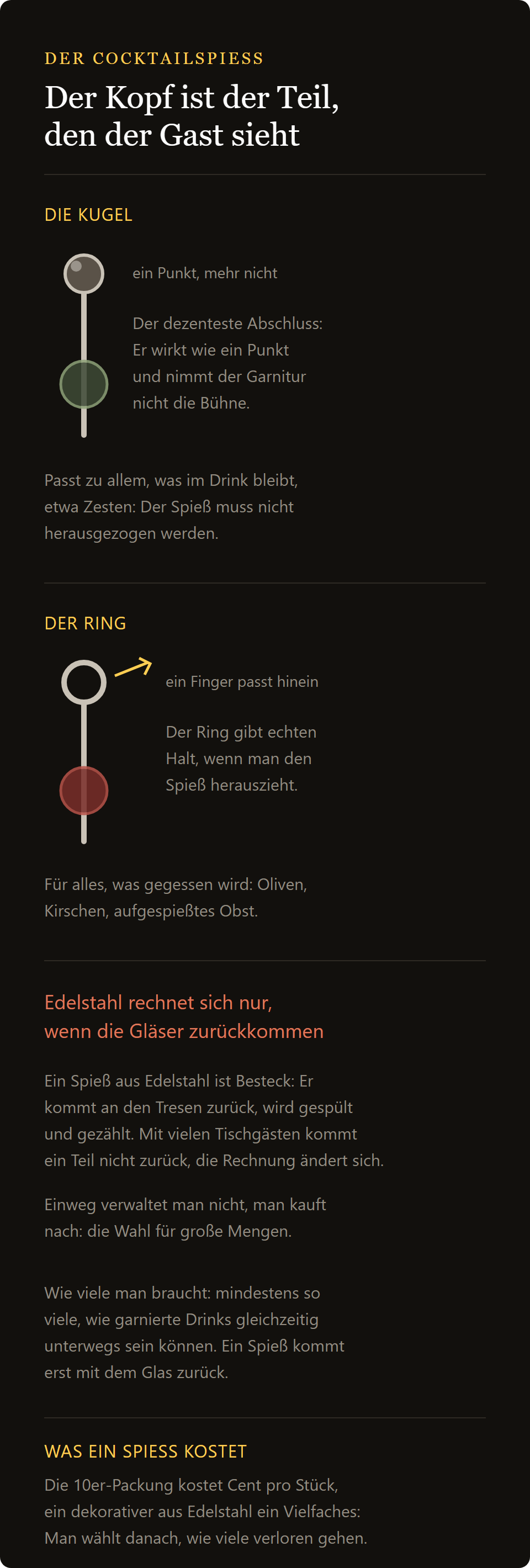 Garnierspieß aus Edelstahl: Kopf als Kugel und als Ring, und die Rechnung zwischen Edelstahl und Einweg