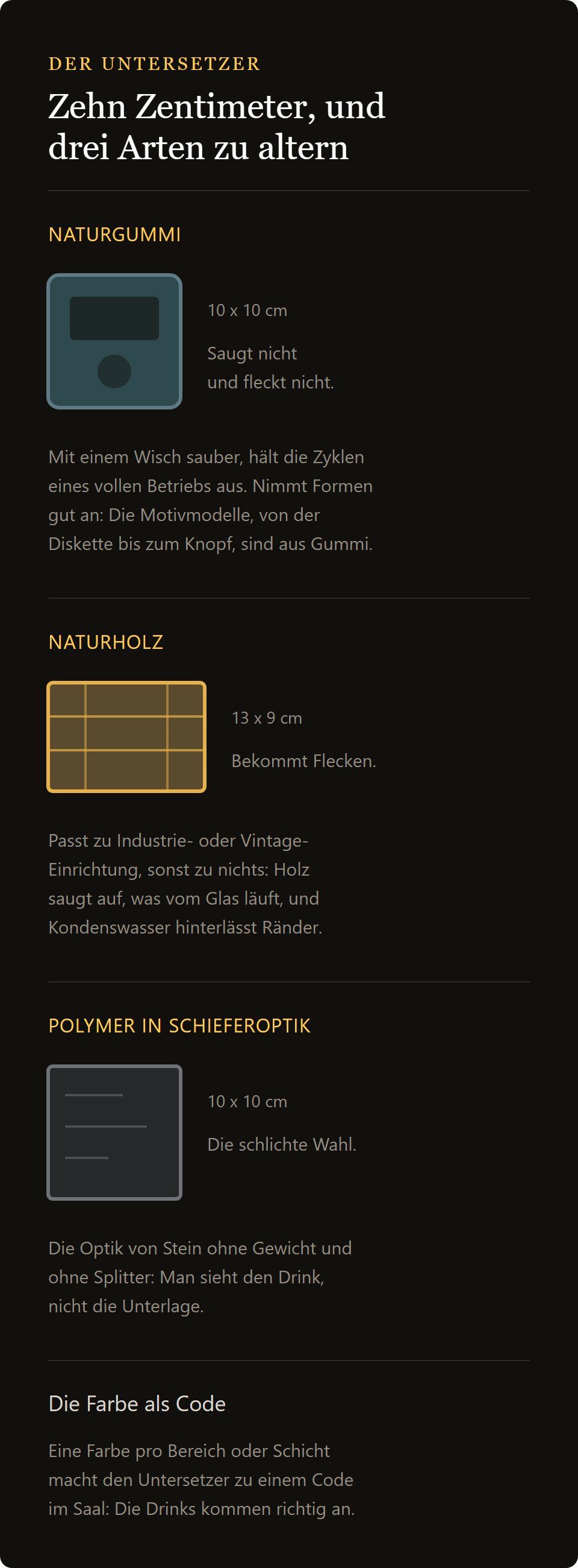Untersetzer Palette: Naturkautschuk, Holz und Kunststoff in Schiefer Optik im Vergleich auf zehn Zentimetern