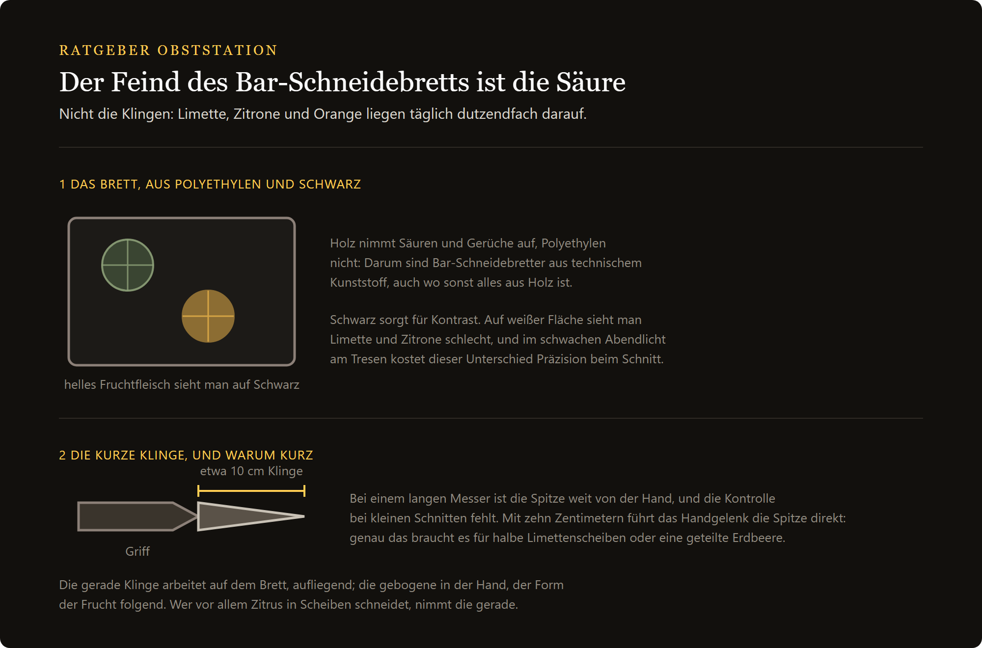 Schälmesser: das Schneidebrett aus schwarzem Polyethylen und die kurze Klinge des Schälmessers