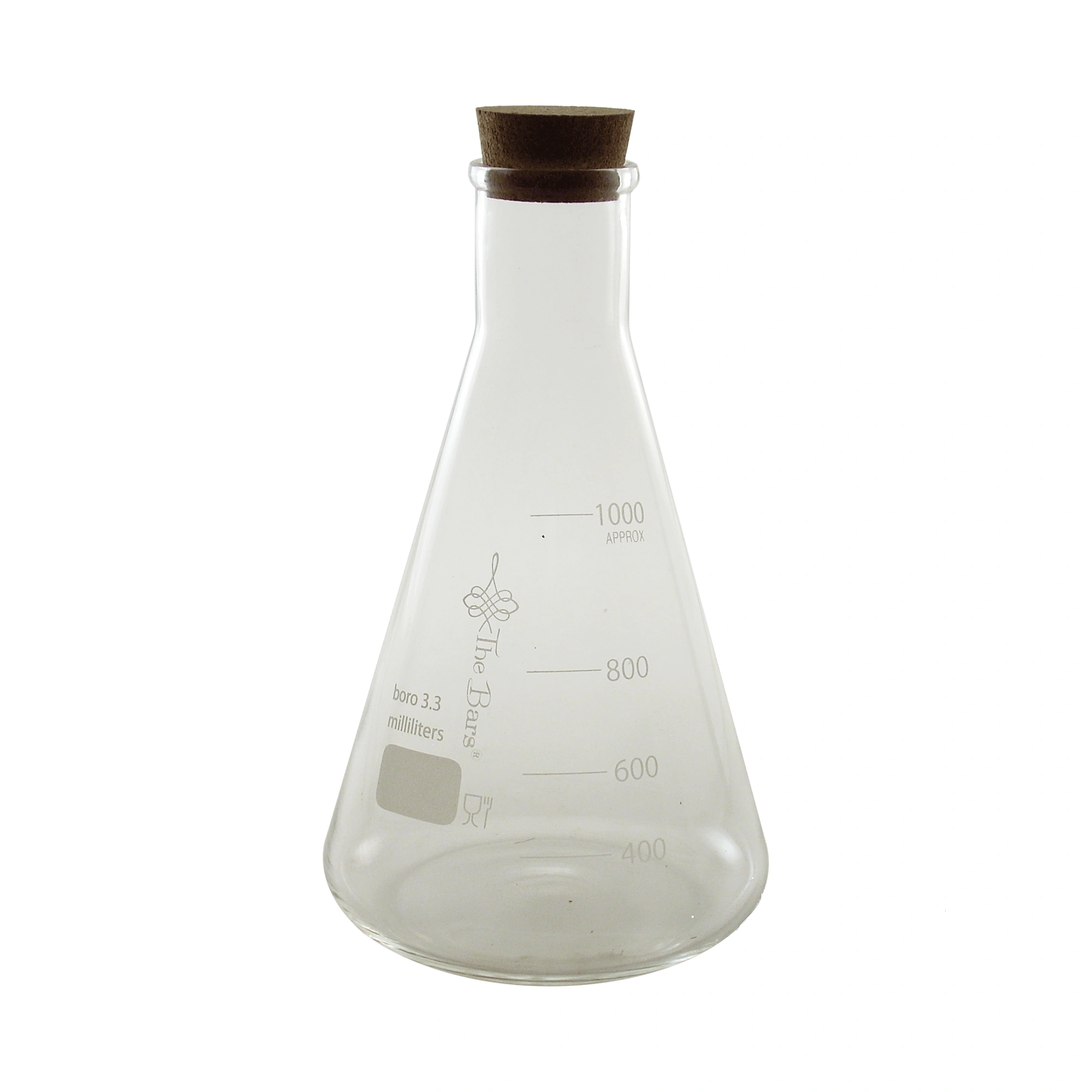 Erlenmeyerkolben 1000 ml: konischer Kolben von The Bars aus Borosilikatglas mit aufgedruckter Skala und Korken