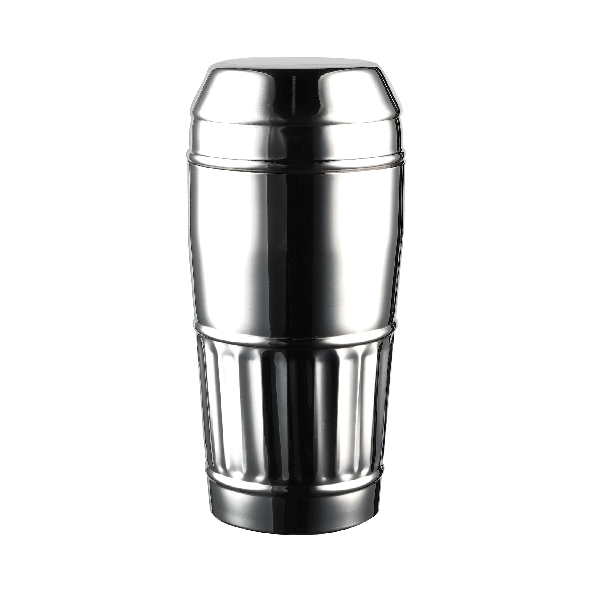Cobbler Shaker Deco Coffee von The Bars, dreiteilig, Edelstahl mit Spiegelglanz, Fassform mit Rillen am Boden