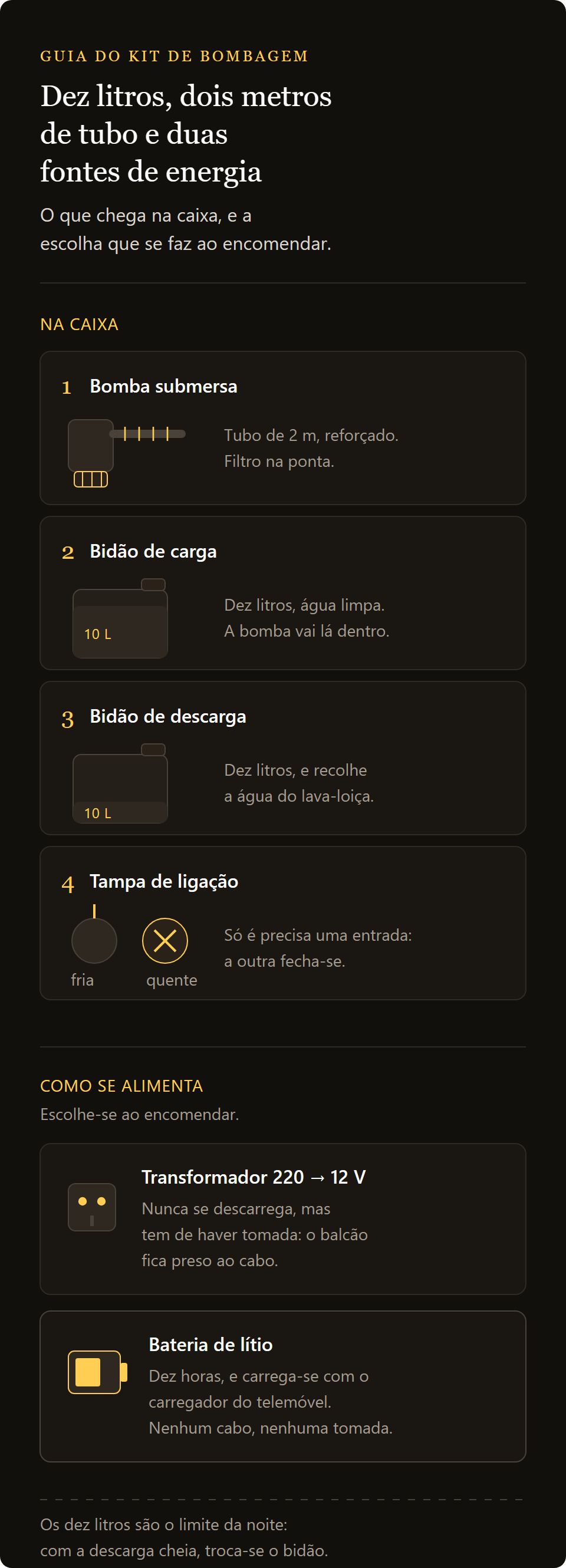 kit de bombagem de água: o que vem na caixa e as duas alimentações, transformador ou bateria