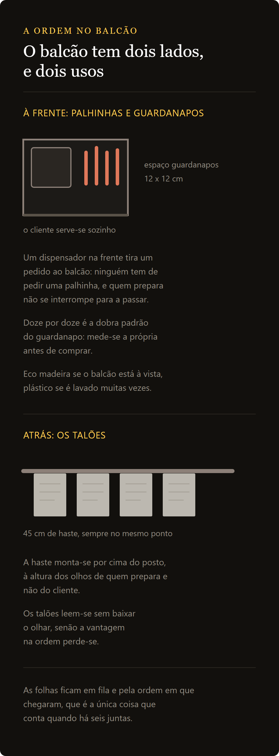 organizador de bar: o dispensador na frente do balcão e o porta-comandas atrás