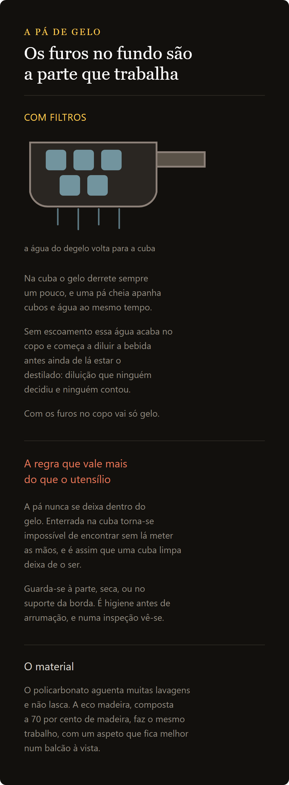 pá para gelo 10 oz: os furos no fundo da pá e a água do degelo que volta para a cuba
