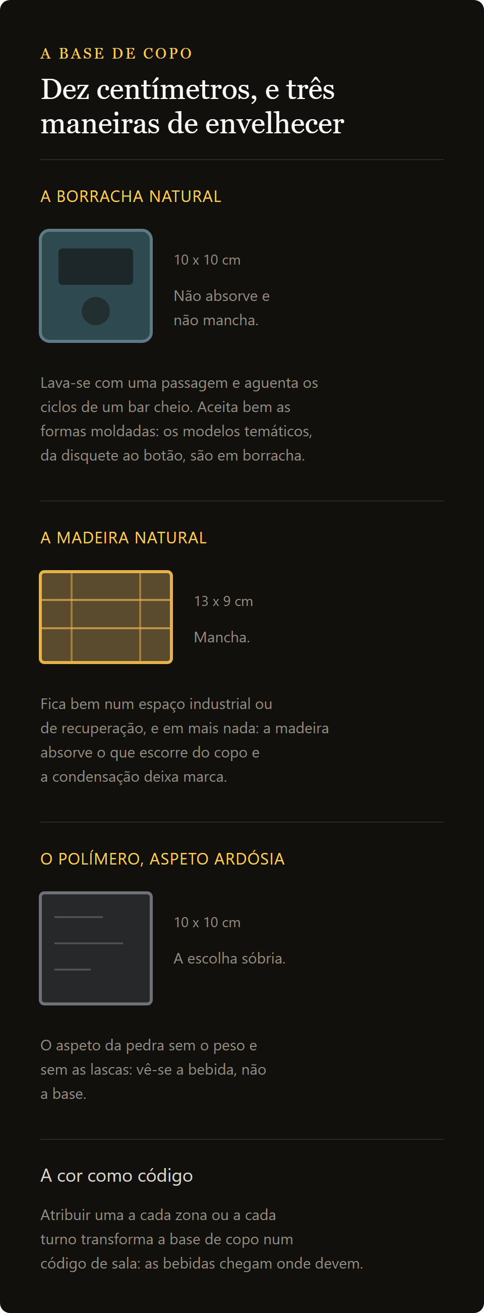 base para copos disco de vinil: borracha natural, madeira e polímero ardósia comparados nos dez centímetros