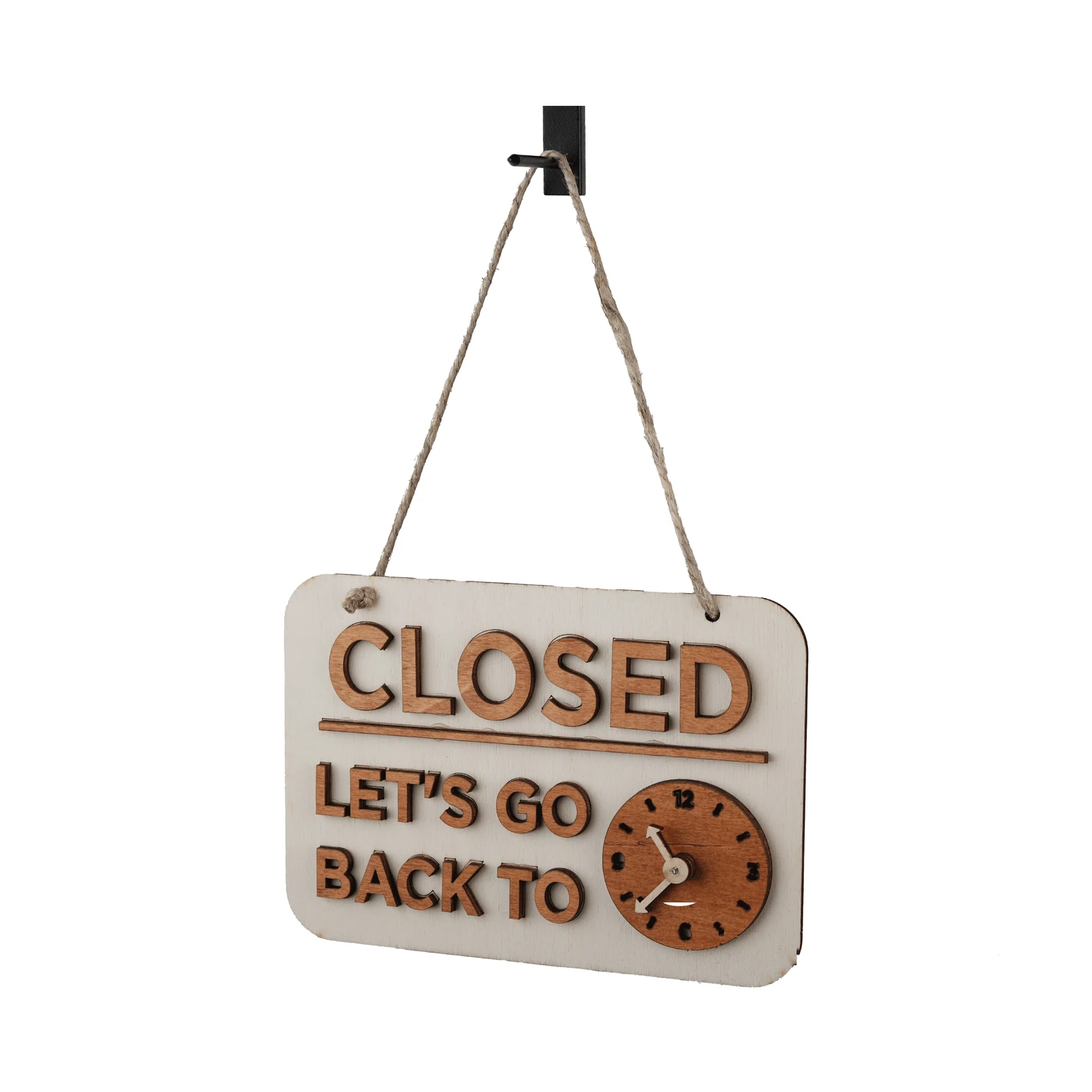 placa aberto fechado: o lado CLOSED com o relógio de ponteiros em madeira