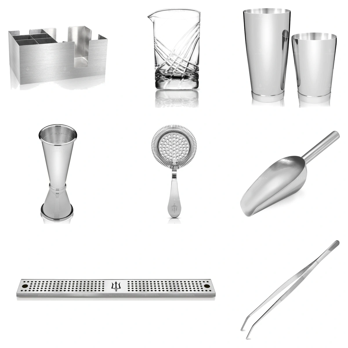 kit de bartender: as oito peças Lumian do kit, organizador, copo misturador, Boston, jigger, coador, pá, tapete de bar e pinça